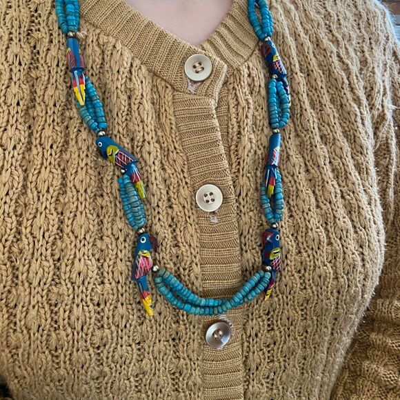Vintage Parrot Necklace Wood Beaded Screw Clasp 3 Strand Painted Blue Retro Zoo - Picture 2 of 6